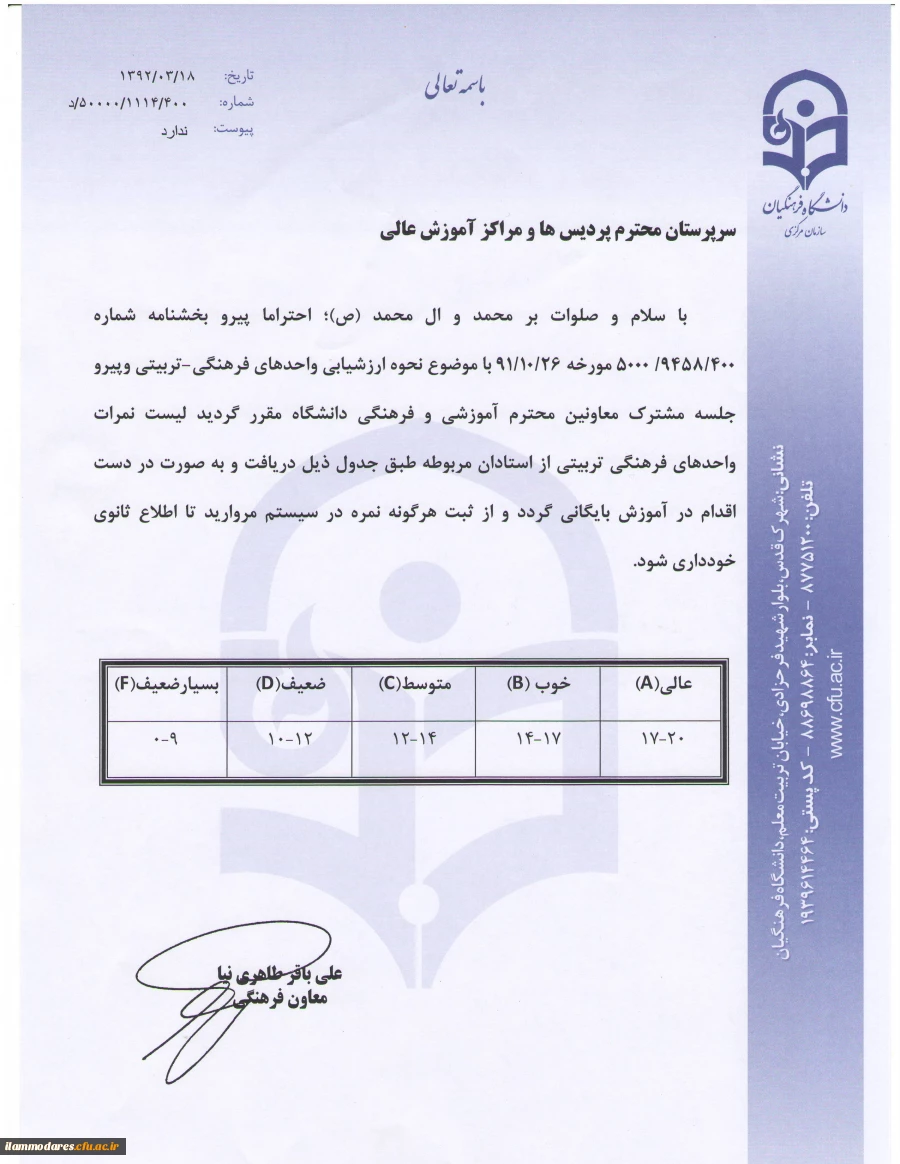 نحوه ارزشیابی واحدهای فرهنگی تربیتی