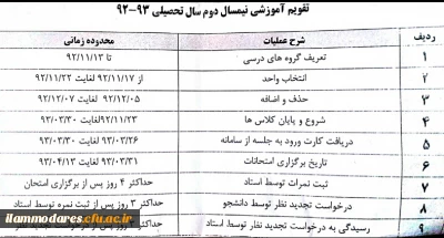 تقویم آموزشی نیمسال دوم سال تحصیلی 92
