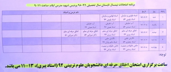 برنامه امتحانات پایان ترم نیمسال تابستان 96-95 پردیس شهید مدرس 2